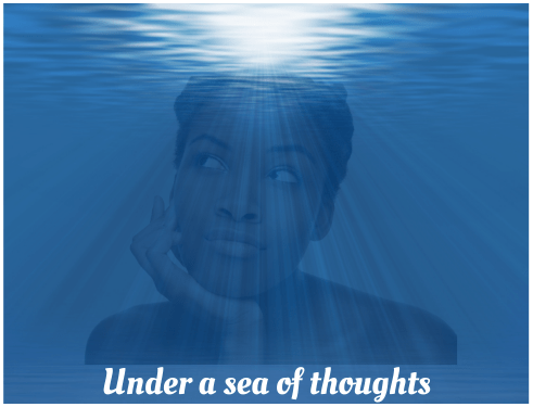 Writing Waves' blog - feature image - Black woman thinking underwater, text in white font reads, "Under a sea of thoughts"