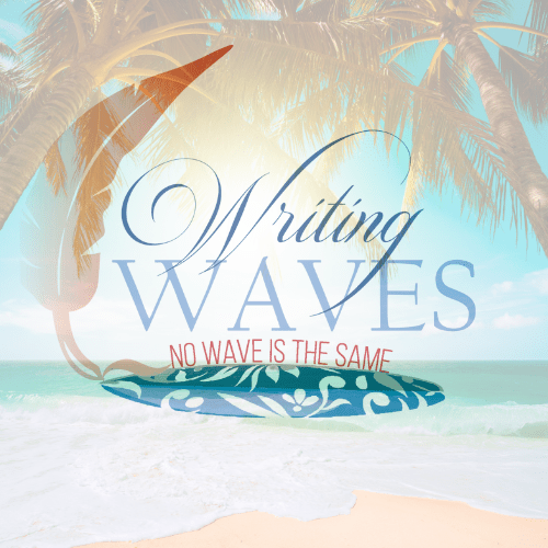 Writing Waves logo featuring a turquoise sea and white surf. Two palm trees arch together at the top, their leaves meeting at a quill that points toward a surfboard. The quill appears to be writing the tagline "No Wave is the Same" onto the surfboard, representing the brand's unique approach to storytelling and content marketing.