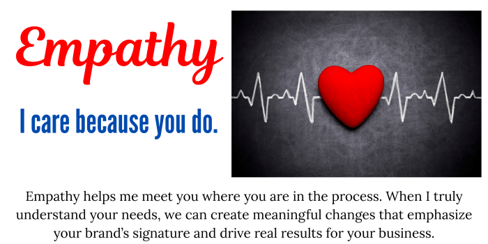 Power Value 1: Empathy. A chalkboard illustration of a red heart with medical EKG graphs, symbolizing the intersection of care and precision. Text explains how Tonya Tee uses empathy to meet clients where they are, creating meaningful changes that drive real business results.