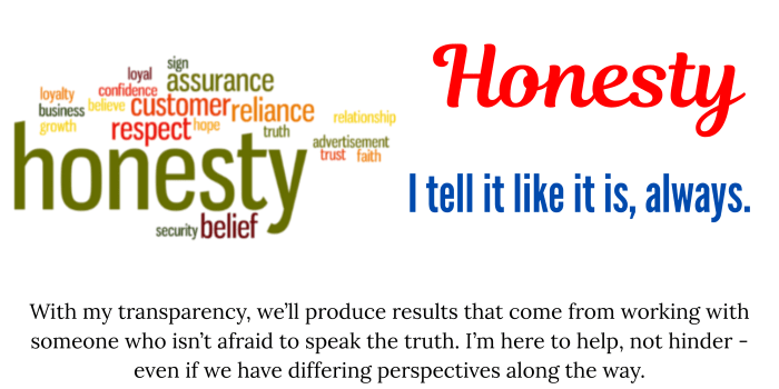 Power Value 2: Honesty. A word cloud featuring trust-centered terms like truth, respect, and loyalty. Text highlights Tonya Tee’s commitment to transparency and honest partnership, ensuring Writing Waves produces results through authentic, even when challenging, perspectives.