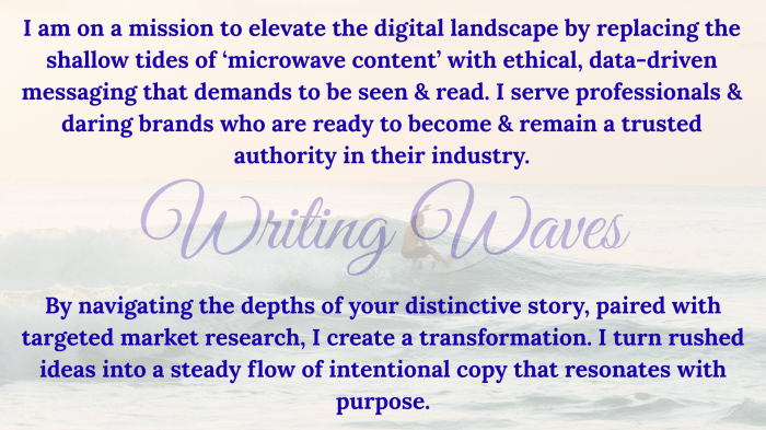 Writing Waves mission statement by Tonya Tee: Elevating the digital landscape by replacing shallow 'microwave' content with ethical, data-driven messaging. I help professionals and daring brands become trusted authorities through intentional, purpose-driven copy and targeted market research.