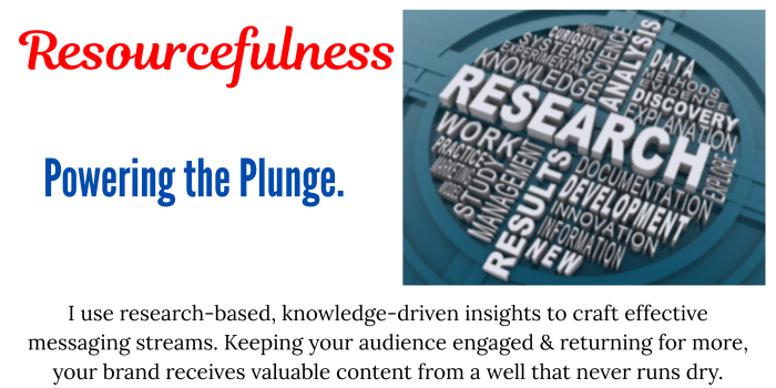 Power Value 3: Resourcefulness. A dense word cloud featuring terms like research, analysis, and science. Text describes how Writing Waves uses knowledge-driven insights and a deep "well" of research to create effective, engaging messaging streams that keep audiences returning.